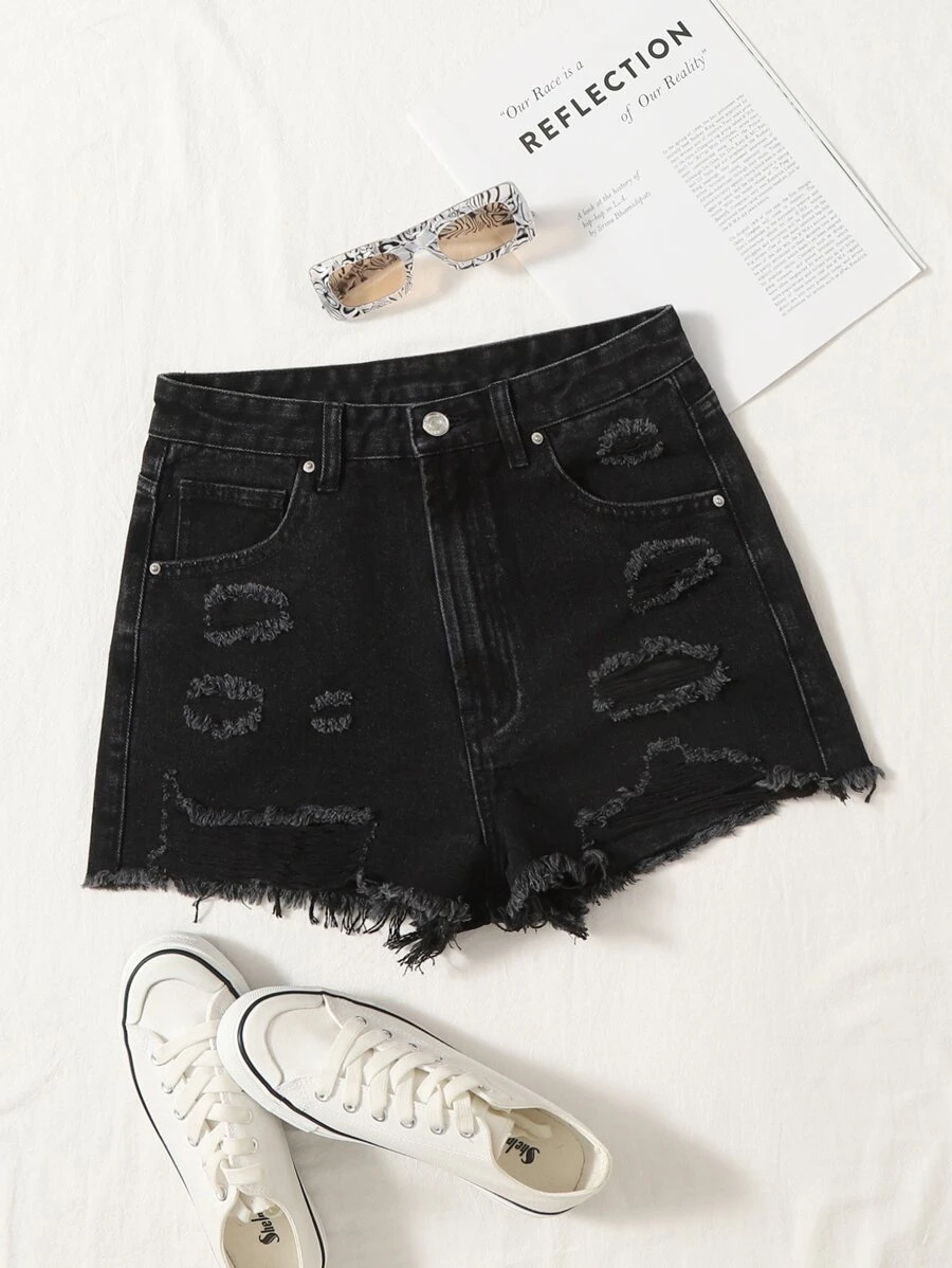 Shorts en mezclilla bajo crudo roto - Negro - Ver 1