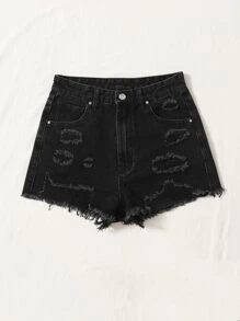Shorts en mezclilla bajo crudo roto - Negro - Ver 4