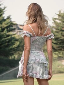 Floral Print Lace Up Front Cold Shoulder Belted Dress - Nhiều màu - Xem 3