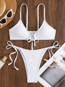 SHEIN Swim Bộ Bikini Họa Tiết Da Báo Đi Biển Mùa Hè Nút Thắt Phía Trước & Thắt Nơ Bên Dưới 2 Mảnh Bikini - trắng - Xem 5
