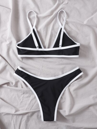 Summer Beach Binding Trim Bikini Set Triangle Bra & High Cut Bottom 2 Pieces Bikini