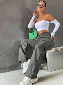 SHEIN MOOSTA Solid High Waist Flap Pocket Cargo Pants Fall Cloth For Women - Grey - View 7