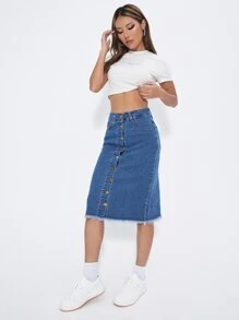 SHEIN EZwear Button Front Raw Cut Denim Skirt - Medium Wash - View 3