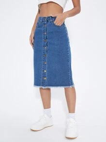 SHEIN EZwear Button Front Raw Cut Denim Skirt - Medium Wash - View 5