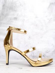 Metallic Stiletto Heeled Ankle Strap Sandals - Gold - View 3