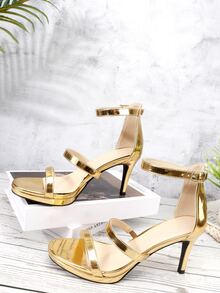 Metallic Stiletto Heeled Ankle Strap Sandals - Gold - View 4