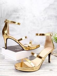 Metallic Stiletto Heeled Ankle Strap Sandals - Gold - View 5
