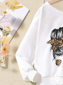 SHEIN Tween Girl Figure Graphic Asymmetrical Neck Tee & Mesh Overlay Skirt - Black and White - View 4