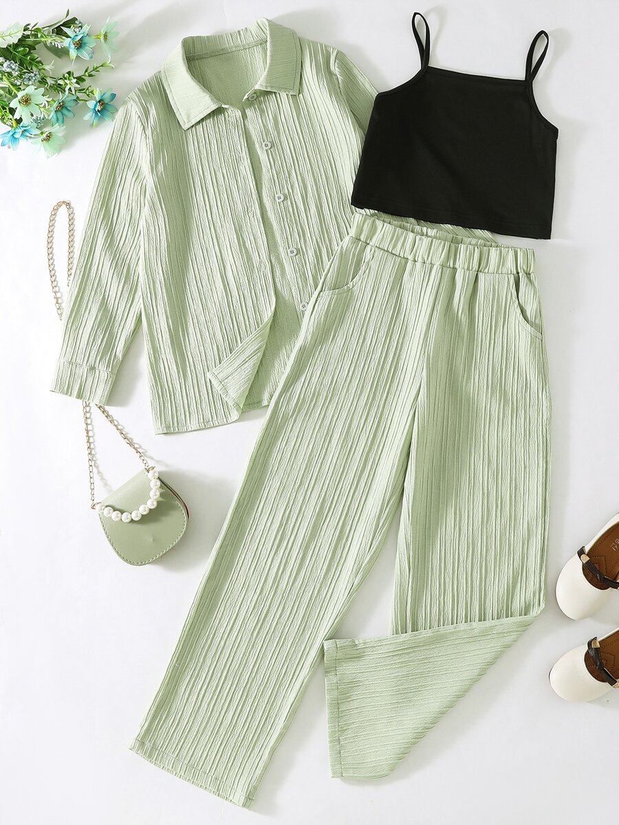 Tween Girl Button Up Shirt & Pants & Cami Top - Multicolor - View 1