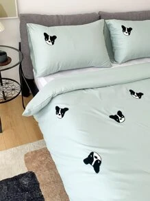 Dog Embroidery Duvet Cover Set Without Filler - Green - View 4