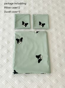Dog Embroidery Duvet Cover Set Without Filler - Green - View 6