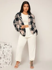 SHEIN SXY Gingham Pattern Drop Shoulder Hooded Teddy Jacket - Multicolor - View 5