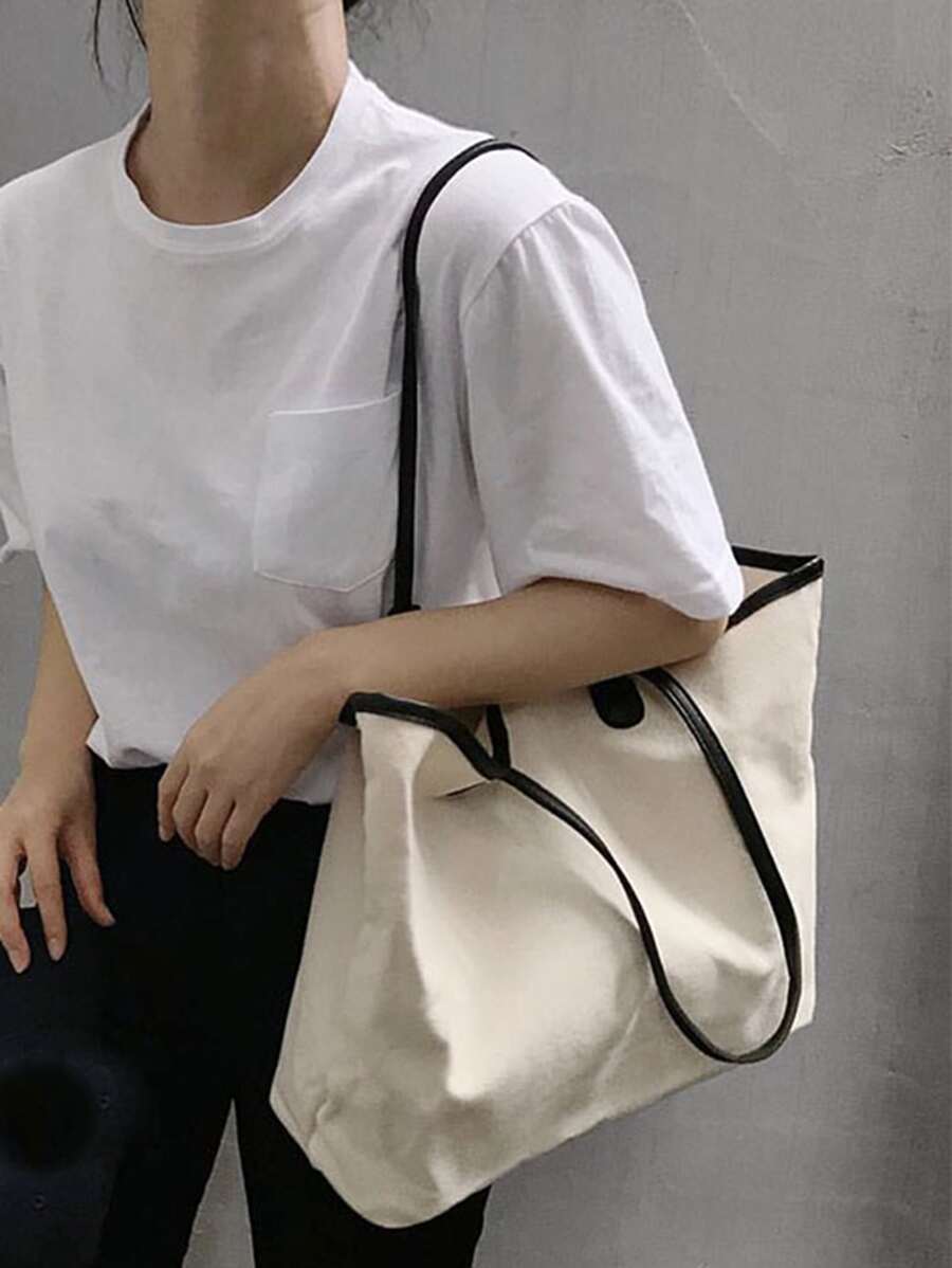 Minimalist Shoulder Tote Bag - Beige - View 1