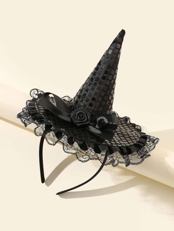 1pc Girls' Halloween Gothic Style Black Hat With Sparkling Lace Edging, Bowknot & Flower Decor Headband, Suitable For Halloween Costume Party