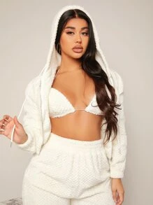 SHEIN SXY Drop Shoulder Hooded Teddy Jacket - Beige - View 1