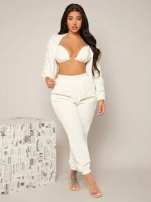 SHEIN SXY Drop Shoulder Hooded Teddy Jacket - Beige - View 5