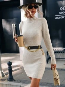 SHEIN Privé Mock Neck Jumper Dress Without Belt - Khaki - View 1