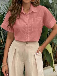 SHEIN LUNE Batwing Sleeve Pocket Patched Shirt - Pink - View 1