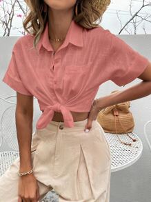 SHEIN LUNE Batwing Sleeve Pocket Patched Shirt - Pink - View 4