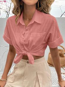 SHEIN LUNE Batwing Sleeve Pocket Patched Shirt - Pink - View 6