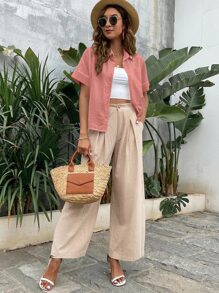 SHEIN LUNE Batwing Sleeve Pocket Patched Shirt - Pink - View 7