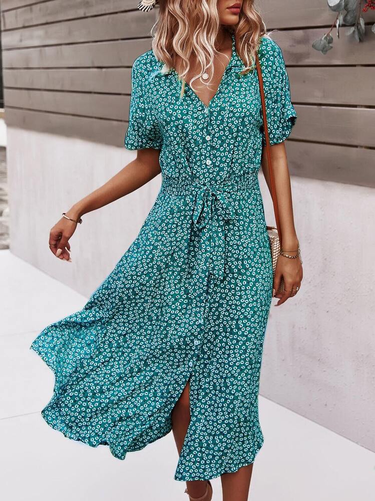 Breezaya Ditsy Floral Tie Front Button Through Dress Maxi Vacation Beach Outfits Women - Cadet Blue - View 1
