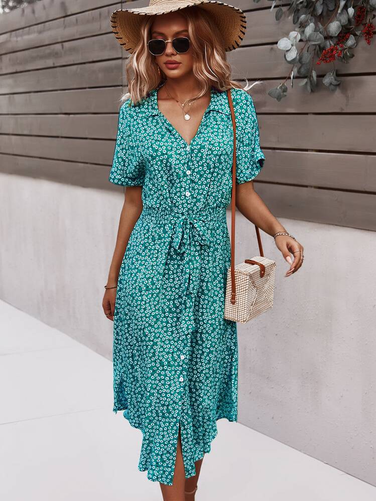 Breezaya Ditsy Floral Tie Front Button Through Dress Maxi Vacation Beach Outfits Women - Cadet Blue - View 3