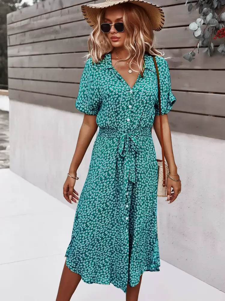 Breezaya Ditsy Floral Tie Front Button Through Dress Maxi Vacation Beach Outfits Women - Cadet Blue - View 4