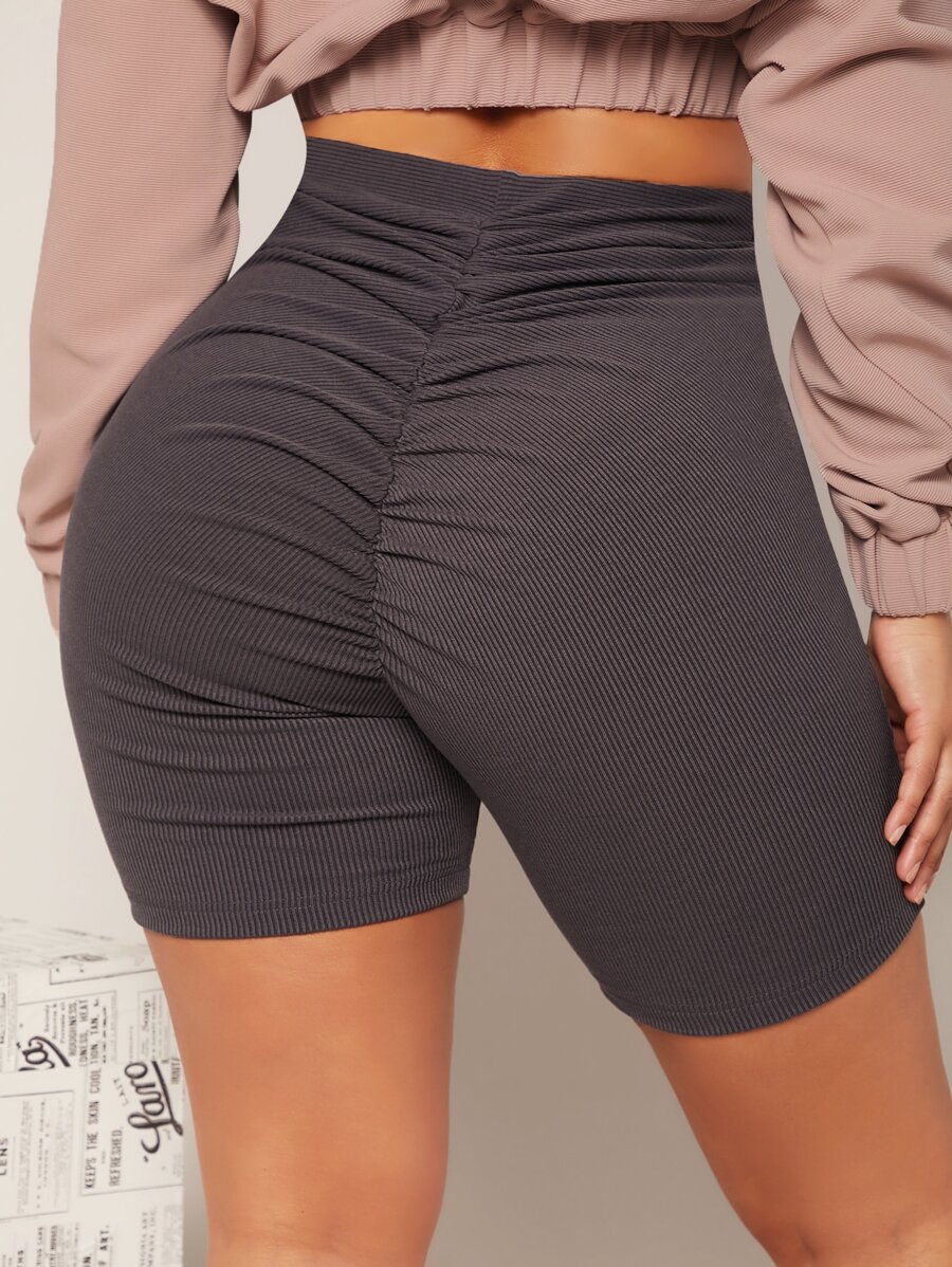 SHEIN SXY Scrunch Butt Rib-knit Biker Shorts - Dark Grey - View 1