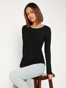 SHEIN LUNE Áo thun nữ màu trơn Giải trí - màu đen - Xem 1