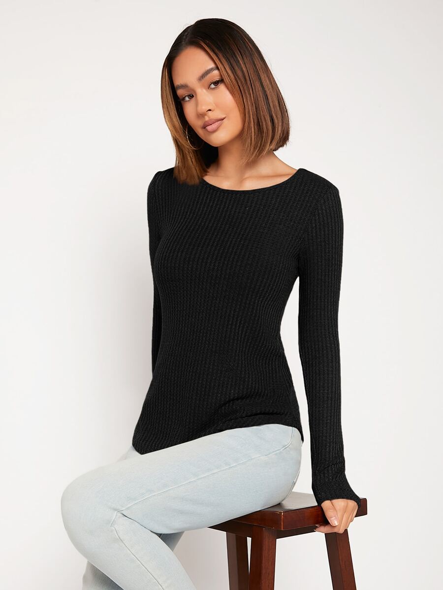 SHEIN LUNE Áo thun nữ màu trơn Giải trí - màu đen - Xem 1