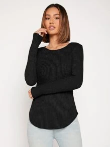 SHEIN LUNE Áo thun nữ màu trơn Giải trí - màu đen - Xem 4
