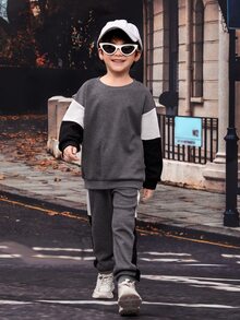 Niñitos Pantalones deportivos con pullover de color combinado de hombros caídos - Gris Oscuro - Ver 5