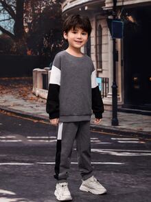 Niñitos Pantalones deportivos con pullover de color combinado de hombros caídos - Gris Oscuro - Ver 3