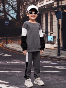 Niñitos Pantalones deportivos con pullover de color combinado de hombros caídos - Gris Oscuro - Ver 4