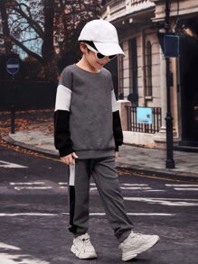 Niñitos Pantalones deportivos con pullover de color combinado de hombros caídos - Gris Oscuro - Ver 1