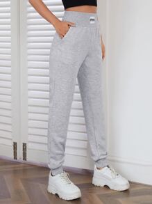 SHEIN EZwear Quần thể thao nữ Đắp vá Túi Lá thư - Màu Xám nhạt - Xem 4