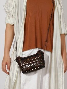 Mini Bead Decor Crossbody Bag - Coffee Brown - View 1