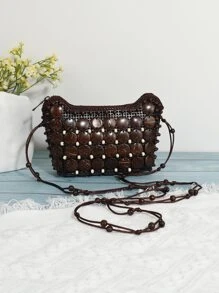 Mini Bead Decor Crossbody Bag - Coffee Brown - View 2