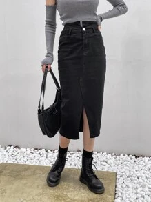 DAZY Chân váy denim xẻ tà Chân váy jeans - màu đen - Xem 1