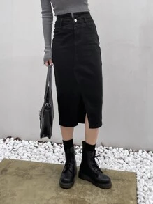 DAZY Chân váy denim xẻ tà Chân váy jeans - màu đen - Xem 5
