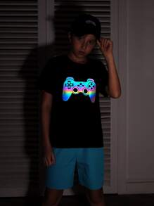 SHEIN Boys Reflective Gamepad Print Tee - Navy Blue - View 1