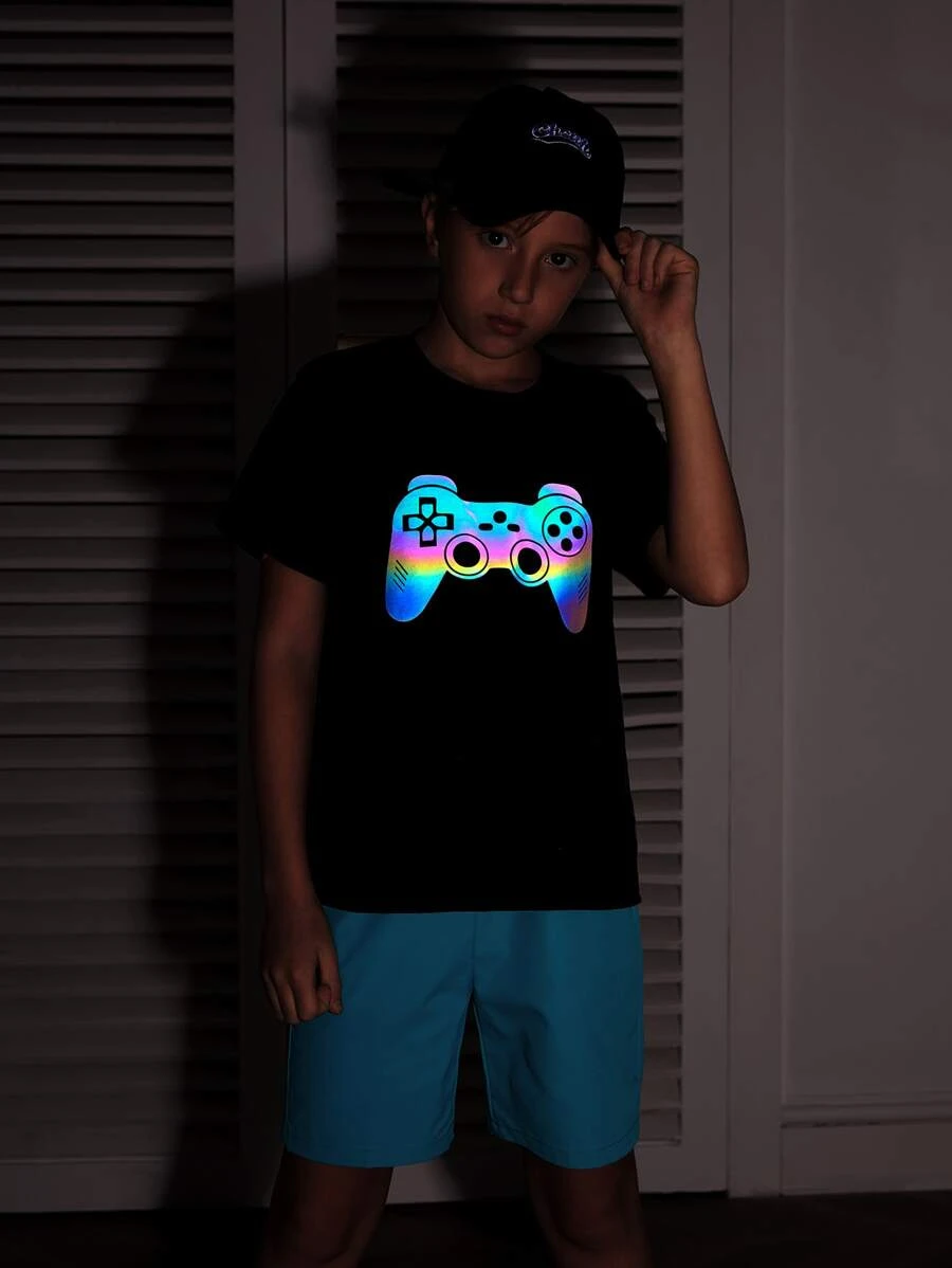 SHEIN Boys Reflective Gamepad Print Tee - Navy Blue - View 1