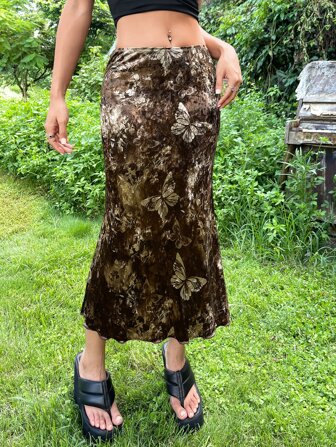 Grunge High Waist Butterfly Print Lettuce Trim Velvet Skirt
