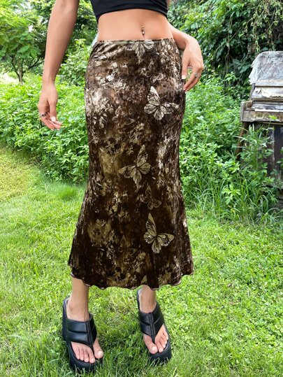 Grunge High Waist Butterfly Print Lettuce Trim Velvet Skirt