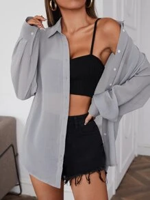SHEIN EZwear 女士落肩长袖单排扣休闲纯色梭织衬衫 - 灰色 - 查看 1