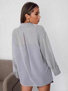 SHEIN EZwear 女士落肩长袖单排扣休闲纯色梭织衬衫 - 灰色 - 查看 2