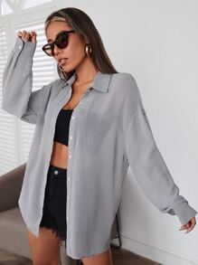 SHEIN EZwear 女士落肩长袖单排扣休闲纯色梭织衬衫 - 灰色 - 查看 4