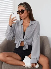 SHEIN EZwear 女士落肩长袖单排扣休闲纯色梭织衬衫 - 灰色 - 查看 5