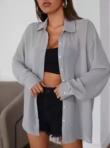 SHEIN EZwear 女士落肩长袖单排扣休闲纯色梭织衬衫 - 灰色 - 查看 6